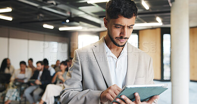 Buy stock photo Reading, research and man with tablet, conference and planning for public speaking, online or scroll. Workshop, speaker and person with tech for presentation, browsing and preparation for seminar