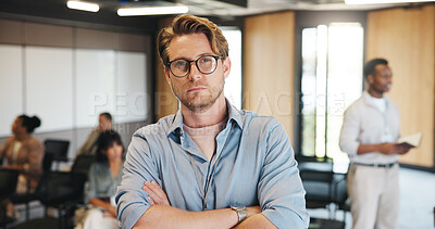 Buy stock photo Arms crossed, conference and portrait of business man for keynote speaker, pride and trading expo. Workshop event, confidence and broker seminar with person for opportunity, corporate and tradeshow