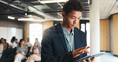 Buy stock photo Planning, online and man with tablet, conference and research for public speaking, reading or scroll. Workshop, speaker and person with tech for presentation, browsing and preparation for seminar