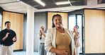 Laughing, applause and workshop with business woman in office for success, upskill target and support. Motivational speaker, seminar achievement and celebration with people at conference for congratulations 