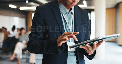 Buy stock photo Research, online and hands with tablet, seminar or planning for public speaking with info on website. Conference, speaker and person with tech for presentation, browsing and preparation for meeting