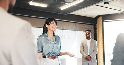 Buy stock photo Corporate, workshop or presenter in circle with motivation, training or expo in skills development. Smile, group of employees at seminar with speech, engagement or empowerment for professional growth