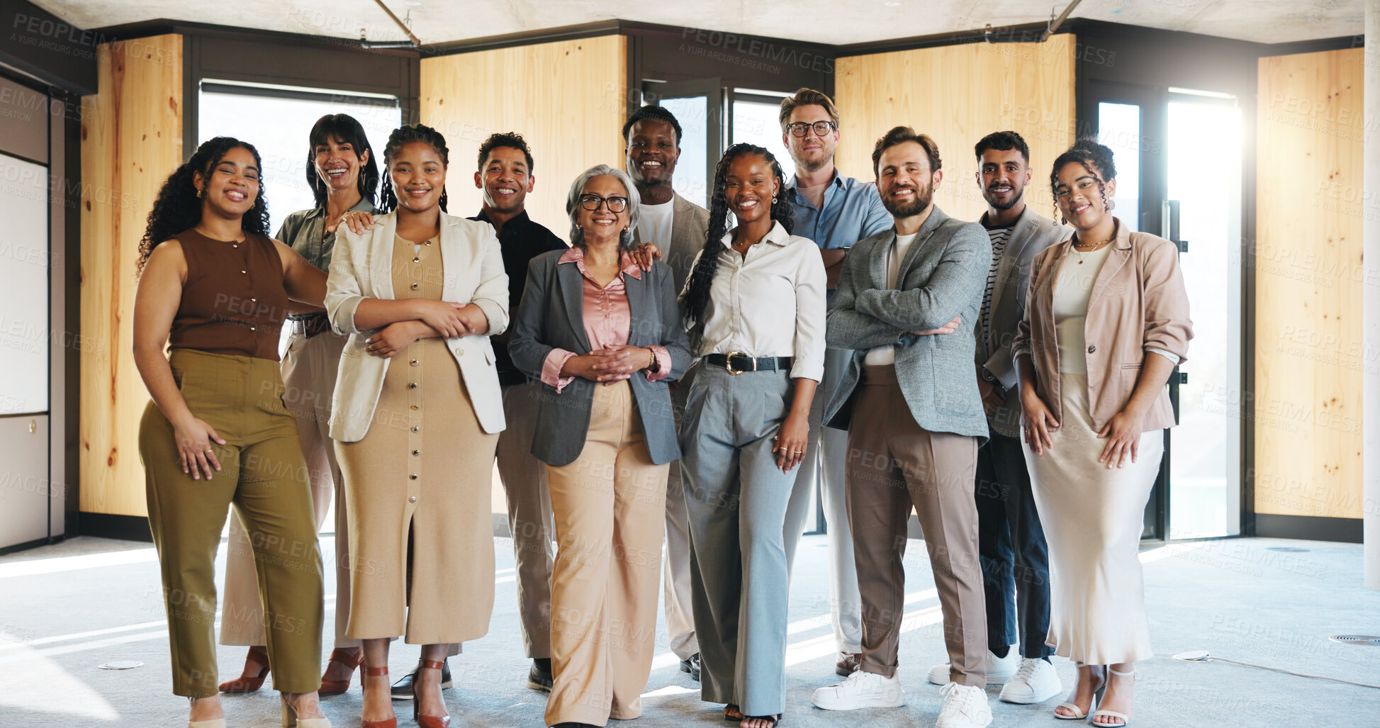 Buy stock photo Portrait, team and smile with business people at conference for workshop, training seminar and mission. About us, upskill convention and synergy with group of employees in agency for solidarity