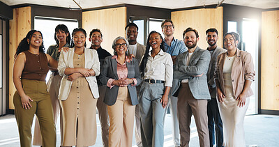 Buy stock photo Portrait, team and happy with business people at conference for workshop, training seminar and mission. About us, upskill convention and synergy with group of employees in agency for solidarity