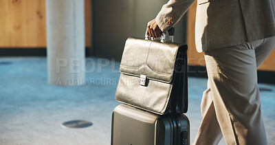 Buy stock photo Hand, business man and luggage for work travel, corporate conference or walking in lobby for industry symposium. Bag, suitcase and person in hotel foyer on professional trip for convention or seminar