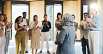 Businesswoman, speech and people in meeting with applause for company success, achievement or growth. Happy, employees and team clapping with celebration for accomplishment, good news or development.