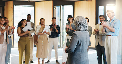 Buy stock photo Businesswoman, speech and people in meeting with applause for company success, achievement or growth. Happy, employees and team clapping with celebration for accomplishment, good news or development.