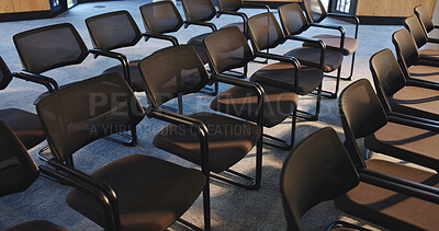 Buy stock photo Chairs, seminar and empty room for business convention, forum and event or meeting venue. Furniture, hall and interior of conference center with rows for summit, presentation or seats for workshop