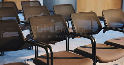 Buy stock photo Chairs, seminar and empty room for business summit, event and convention or meeting venue. Furniture, hall and interior of conference center with rows for forum, presentation or seats for workshop
