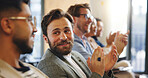 Business people, audience and applause with presentation, conference and seminar event. Workshop, achievement and success announcement with growth, sales proposal and crowd support for summit pitch