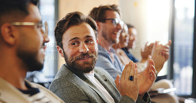 Buy stock photo Business people, audience and applause with presentation, conference and seminar event. Workshop, achievement and success announcement with growth, sales proposal and crowd support for summit pitch