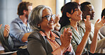Business people, audience and applause with presentation, summit and seminar event. Workshop, achievement and success announcement with growth, sales proposal and crowd support for conference pitch