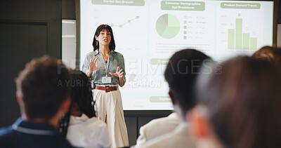 Buy stock photo Presentation, charts and businesswoman in office for planning with finance graphs or statistics. Meeting, screen and female financial manager with information for investment pitch in workplace.