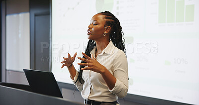 Buy stock photo Presentation, public speaking or black woman with laptop at podium, company stats or performance data review. Business seminar, pc or worker with info analysis, charts or graphs for growth discussion