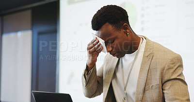 Buy stock photo Business, nervous and black man with anxiety, speaker and laptop for financial data. African person, presenter and employee with stress, feedback or sweating with concern, inflation stats or pressure