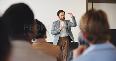 Buy stock photo Businessman, audience and speaker with presentation, conference and seminar event. Workshop, training and feedback announcement with coach, sales proposal and upskill crowd for career development