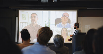 Buy stock photo Video call, audience and speaker with presentation, business conference and seminar event. Workshop screen, training and webinar summit with people, sales education and crowd for career development