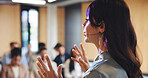 Woman, audience and speaker with microphone for presentation, business conference or seminar event. Workshop, training and feedback summit with coach, sales education and crowd for career development