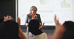 Business woman, audience and applause with workshop, conference charts and seminar event. Presentation, training and graphs feedback with coach, sales success and crowd for career development