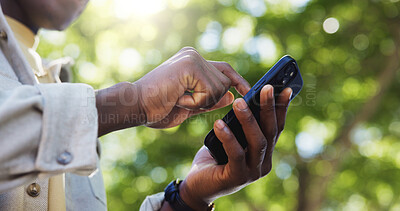 Buy stock photo Man, hands and outdoor with phone for networking, travel planning and website search at bokeh. Person, tourist and mobile in nature for navigation, contact scroll and trip itinerary with connection