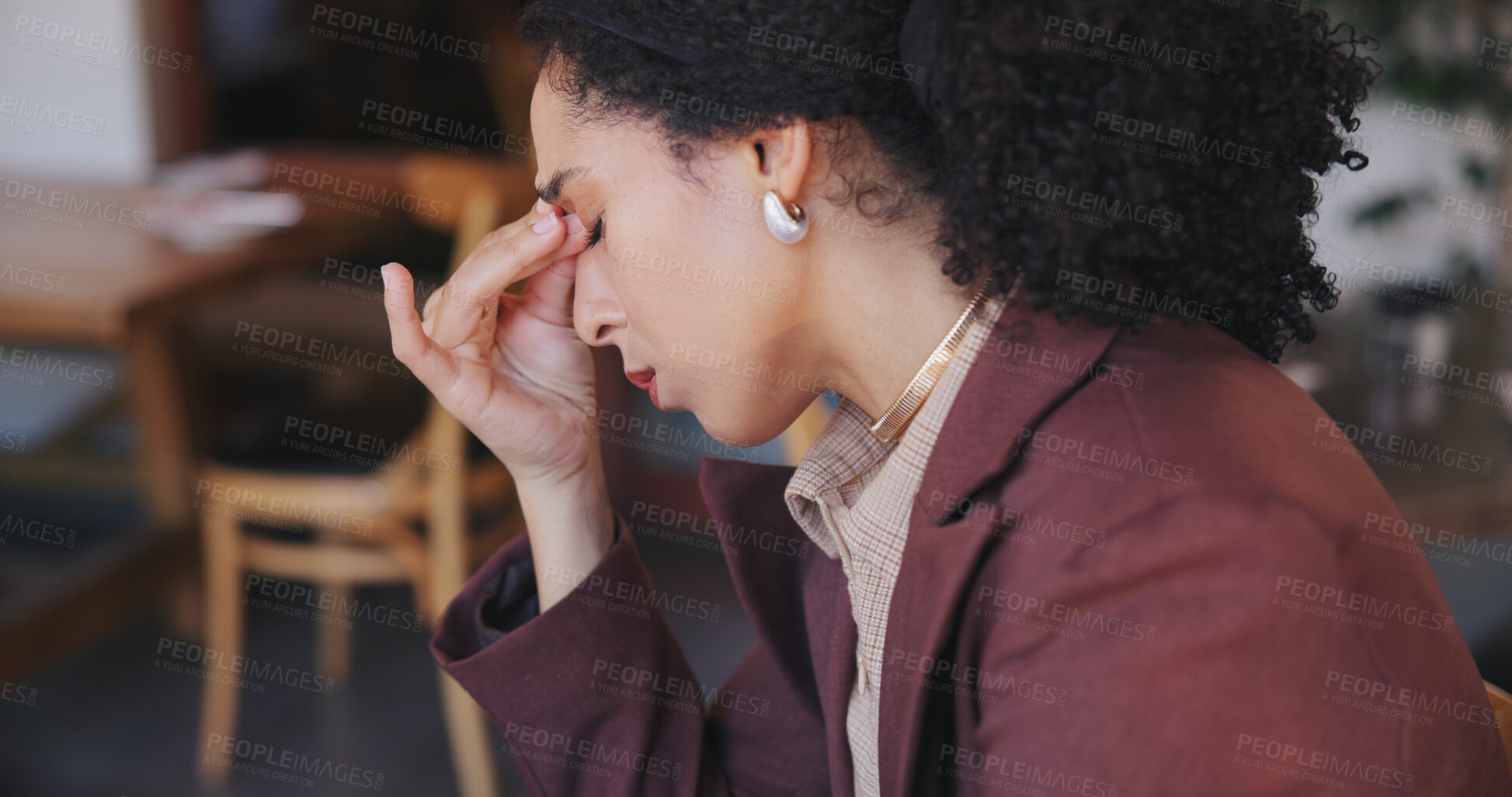 Buy stock photo Woman, owner and stress in small business with headache, burnout and debt crisis in restaurant. Entrepreneur, migraine and anxiety in startup cafe for financial strain, economic pressure and fail