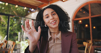 Buy stock photo Businesswoman, portrait and wave in cafe for video call, online meeting and remote work opportunity. Female freelancer, POV and greeting in restaurant for welcome, virtual interview and introduction