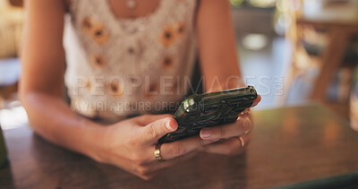 Buy stock photo Woman, hands and phone and cafe for social media, networking and review restaurant online. Customer, mobile and connection in diner for rating service, digital menu and loyalty program application