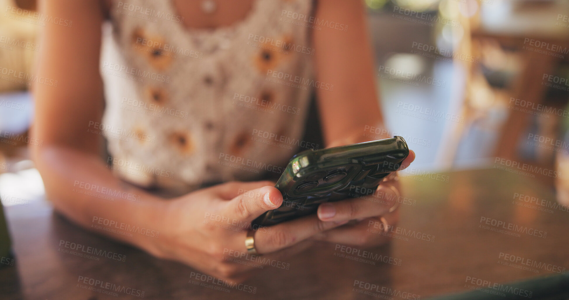 Buy stock photo Woman, hands and phone and cafe for social media, networking and review restaurant online. Customer, mobile and connection in diner for rating service, digital menu and loyalty program application