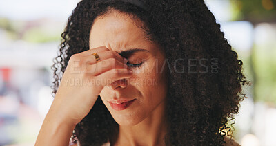Buy stock photo Headache, pain and woman outdoor with anxiety, stress or overwhelmed with pressure from crisis. Burnout, migraine and person with challenge, mistake or fail with eye strain or mental fatigue in town