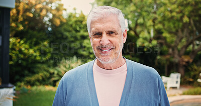 Buy stock photo Senior, happy man and portrait with nature for outdoor retirement, holiday or weekend. Elderly, male person or pensioner with smile or positive attitude for fun retired break or morning fresh air
