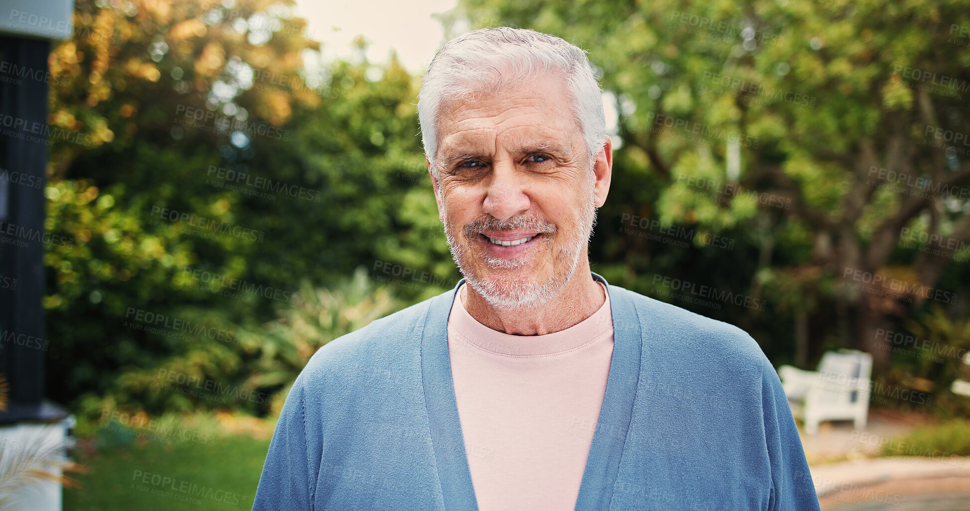 Buy stock photo Senior, happy man and portrait with nature for outdoor retirement, holiday or weekend. Elderly, male person or pensioner with smile or positive attitude for fun retired break or morning fresh air