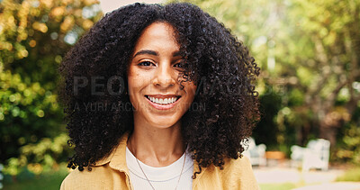 Buy stock photo Portrait, smile and woman in backyard, relax and positive mood for weekend break. Outdoor, vacation and person in garden, happiness and rest for summer holiday, calm and peace with nature or wellness