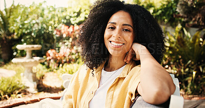 Buy stock photo Happy, relax and portrait of woman outdoor in backyard for morning at holiday home on weekend trip. Smile, calm and female person on bench in garden with positive attitude for vacation at house.
