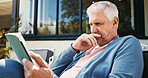 Backyard, reading and senior man with tablet, digital magazine or streaming film on movie website. Relax, online news platform or elderly person outdoor with tech for ebook, watch video or retirement