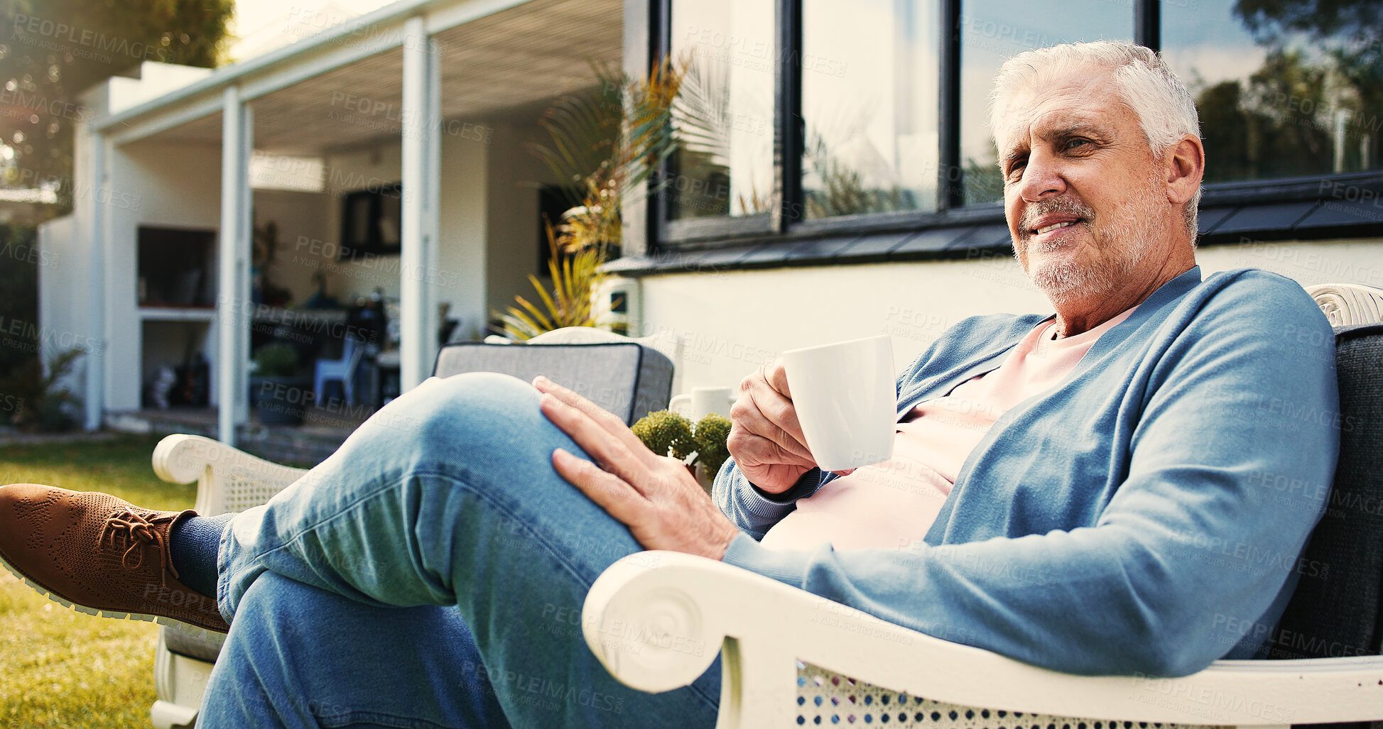 Buy stock photo Outdoor, thinking and old man with coffee, home and happy on break with memory, retirement and relax. Backyard, reflection and senior person with tea, remember and smile nostalgia on weekend at house
