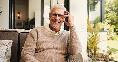 Buy stock photo Sofa, portrait and senior man outdoor in backyard for relax, calm or peace in morning at home. Happy, glasses and elderly male person in retirement on patio with confidence in garden at house.