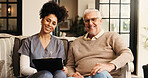 Portrait, clipboard and nurse with old man on sofa in home for support, healthcare advice and help. Elderly care, medical assistance and smile with senior person in house for nursing and retirement