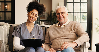 Buy stock photo Portrait, clipboard and nurse with old man on sofa in home for support, healthcare advice and help. Elderly care, medical assistance and smile with senior person in house for nursing and retirement