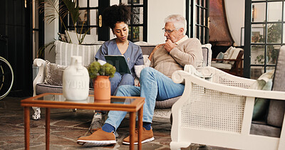 Buy stock photo Tablet, discussion and nurse with senior man on sofa for consultation at retirement home. Digital technology, checkup and caregiver with elderly male patient in living room for medical diagnosis.