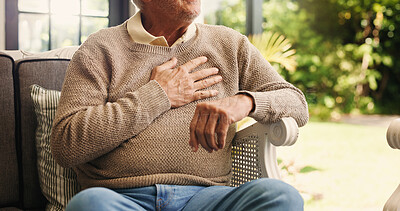 Buy stock photo Hands, senior man and chest pain at house from cardiac attack, heart failure and hypertension. Discomfort, elderly person or symptoms of asthma, breathing issues and backyard with respiratory illness