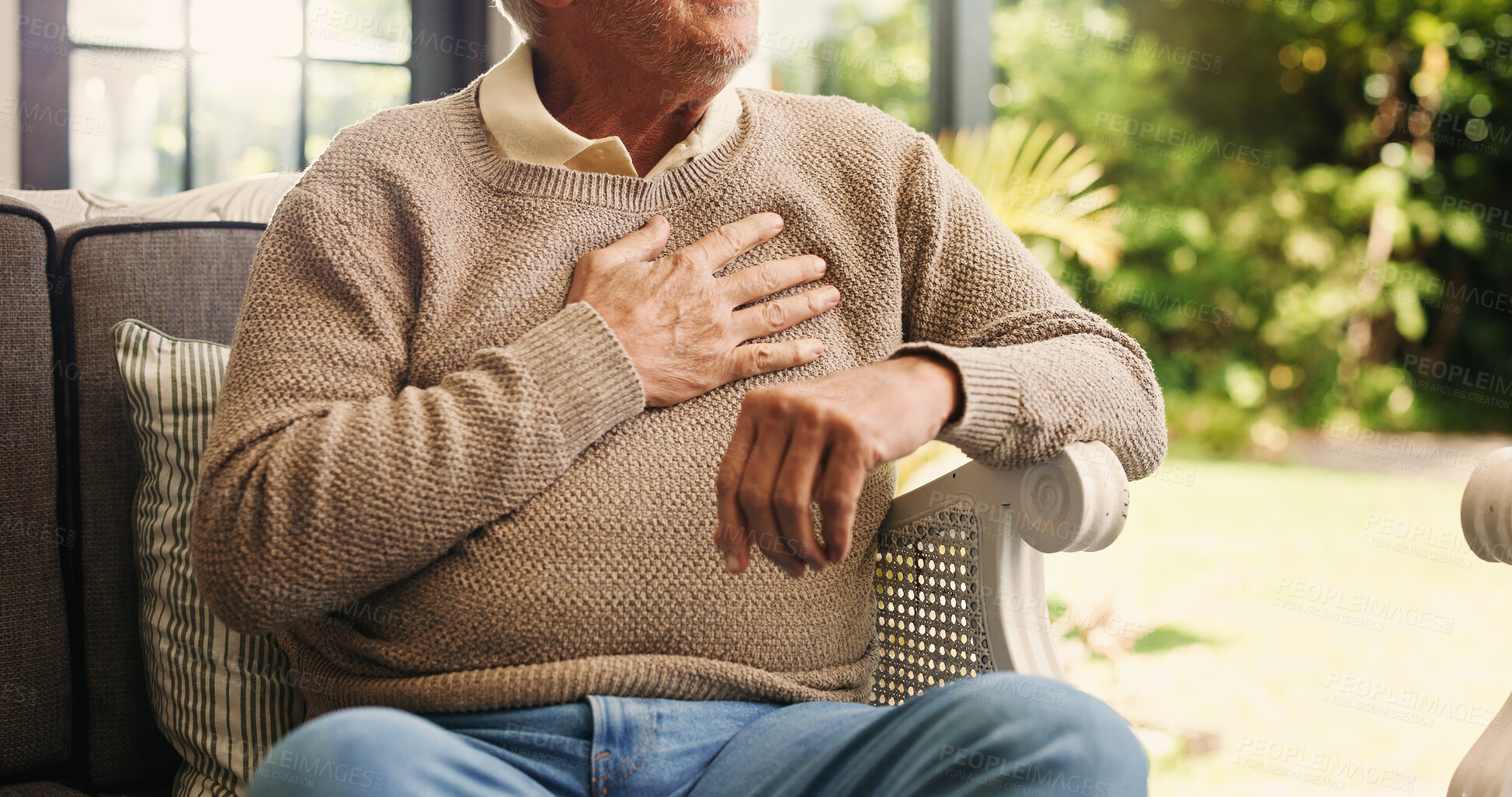 Buy stock photo Hands, senior man and chest pain at house from cardiac attack, heart failure and hypertension. Discomfort, elderly person or symptoms of asthma, breathing issues and backyard with respiratory illness