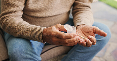 Buy stock photo Hands, senior man and container with medicine prescription, supplements and drugs with omega 3. Elderly person, pharmaceutical and tablets dosage for daily routine, chronic treatment and cure in home