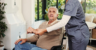 Buy stock photo Wheelchair, smile and nurse with old man in home for support, healthcare advice and hip fracture. Elderly care, medical assistance and multiple sclerosis with senior person with a disability in house