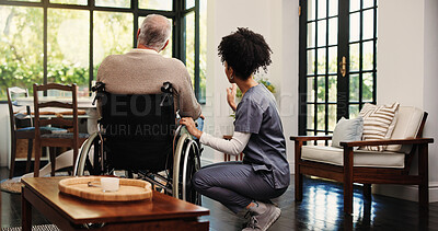 Buy stock photo Wheelchair, talking and nurse with old man in home for support, healthcare advice and hip fracture. Elderly care, medical assistance and multiple sclerosis with senior person with a disability