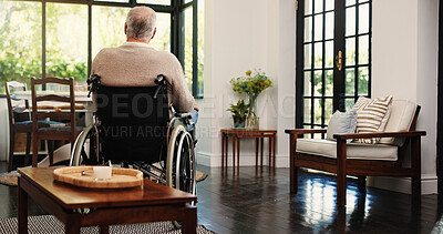 Buy stock photo Old man, thinking and back in wheelchair, home and reflection with memory, rest and recovery. Elderly person with disability in living room, perspective and rehabilitation with injury in retirement