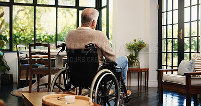 Buy stock photo Old man, thinking and back in wheelchair, house and reflection with memory, rest and recovery. Elderly person with disability in living room, perspective or rehabilitation with injury in retirement
