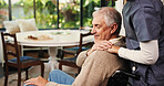 Support, caregiver and old man with wheelchair in home, retirement help and elderly care for health. Comfort, smile and rehabilitation nurse with senior person with disability, kindness and empathy