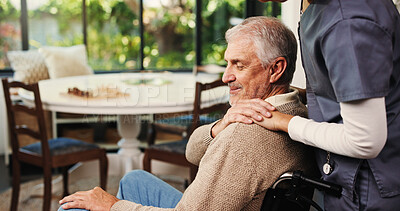 Buy stock photo Support, caregiver and old man with wheelchair in home, retirement help and elderly care for health. Comfort, smile and rehabilitation nurse with senior person with disability, kindness and empathy