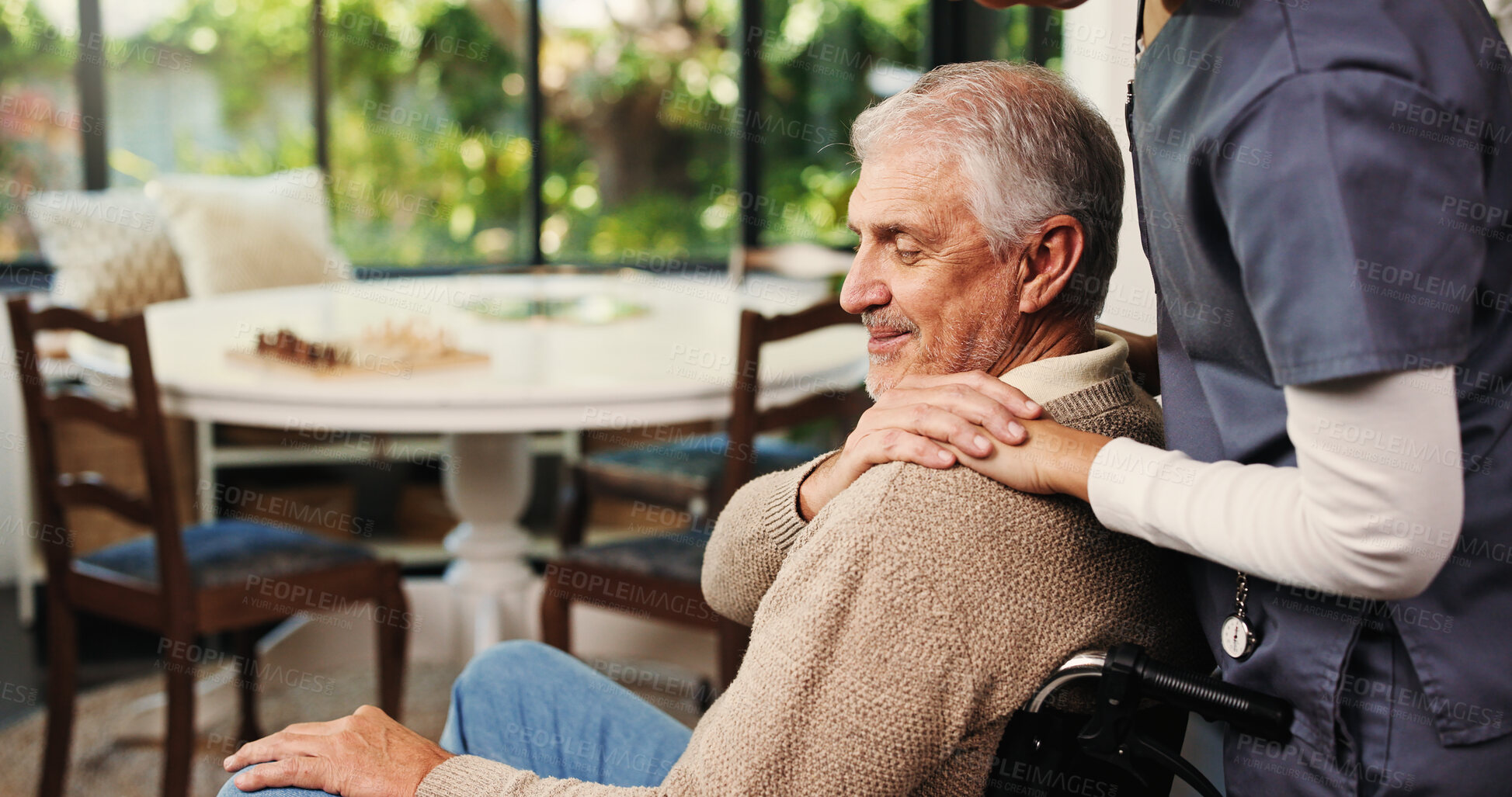 Buy stock photo Support, caregiver and old man with wheelchair in home, retirement help and elderly care for health. Comfort, smile and rehabilitation nurse with senior person with disability, kindness and empathy