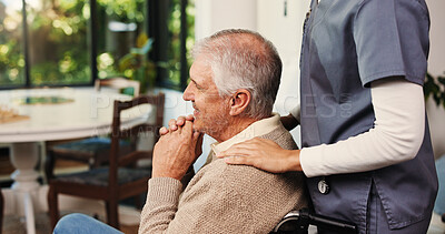 Buy stock photo Support, caregiver and senior man with wheelchair in home, retirement help and elderly care for health. Comfort, calm and assisted living nurse with old person with disability, kindness and empathy